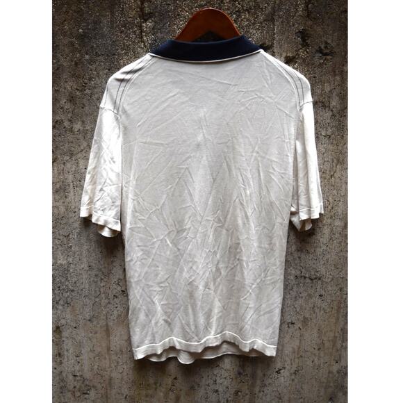 Leno Marin Made in Italy Silk Cotton Polo Shirt Beige Striped Short Sleeve Large - Picture 3 of 3